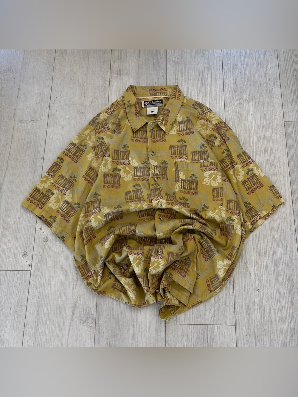 Columbia Men's Mustard Yellow Hawaiian Print Button-Up Shirt